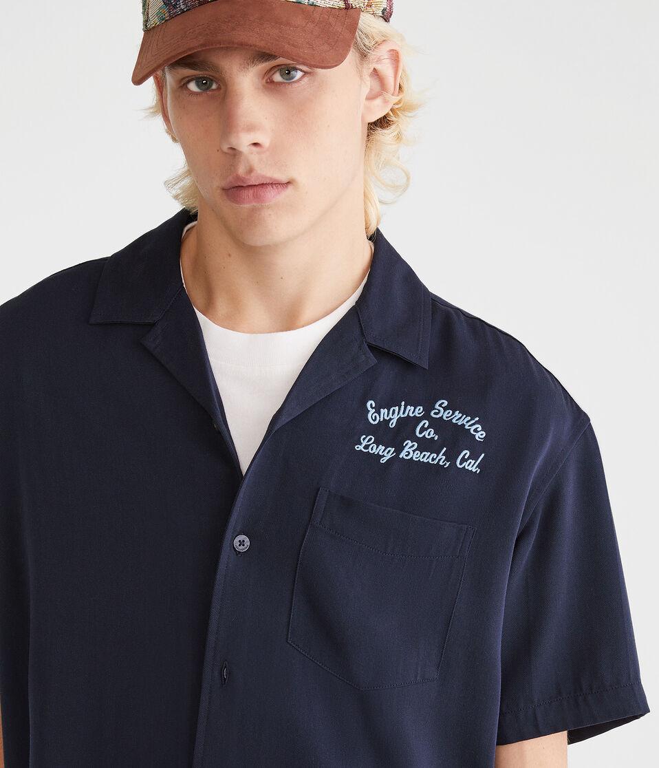 Aéropostale Short Sleeve Long Beach Auto Repair Boxy Camp Shirt Naval Blue