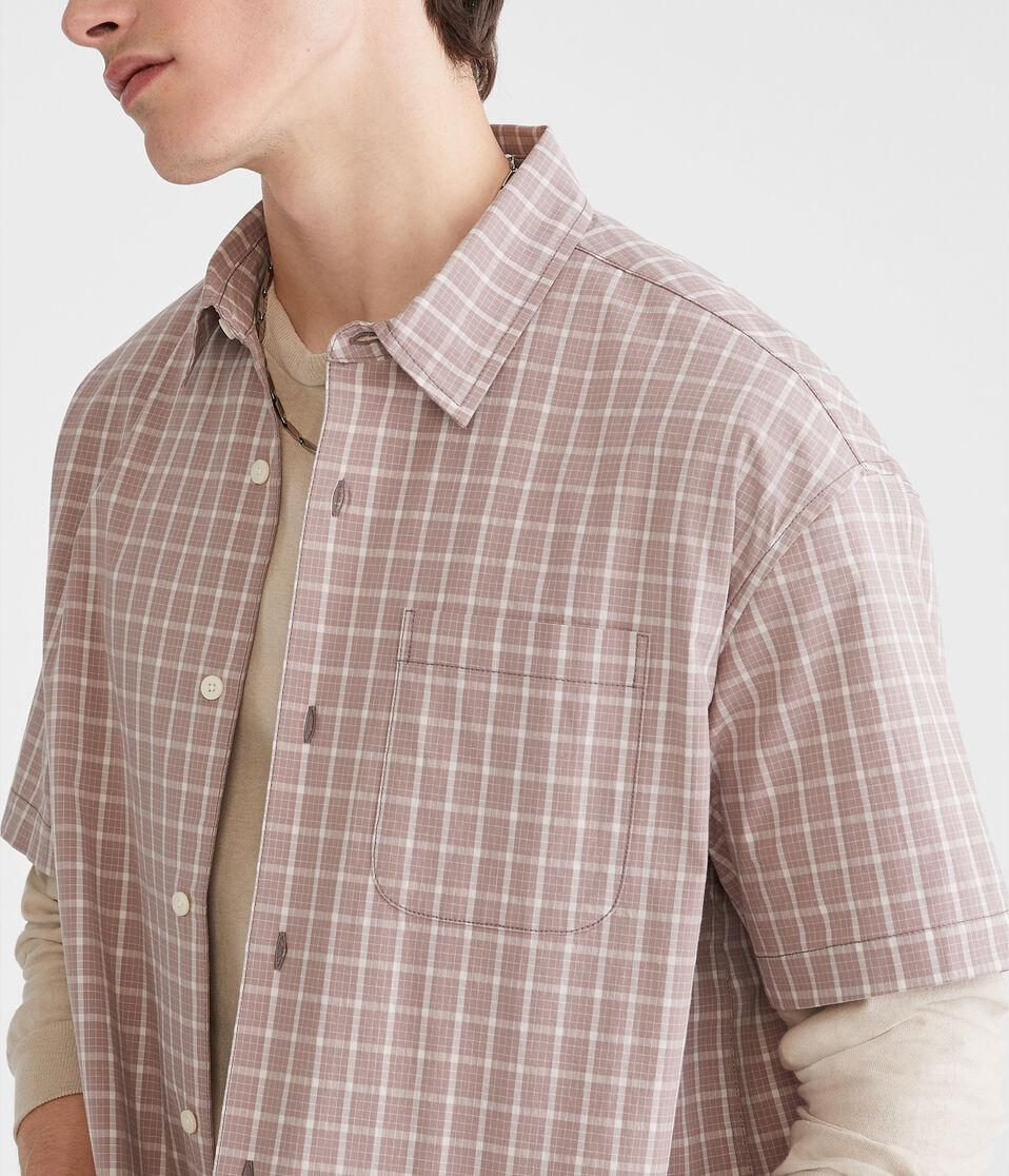 Aéropostale Short Sleeve Micro Plaid Boxy Shirt Cool Beige