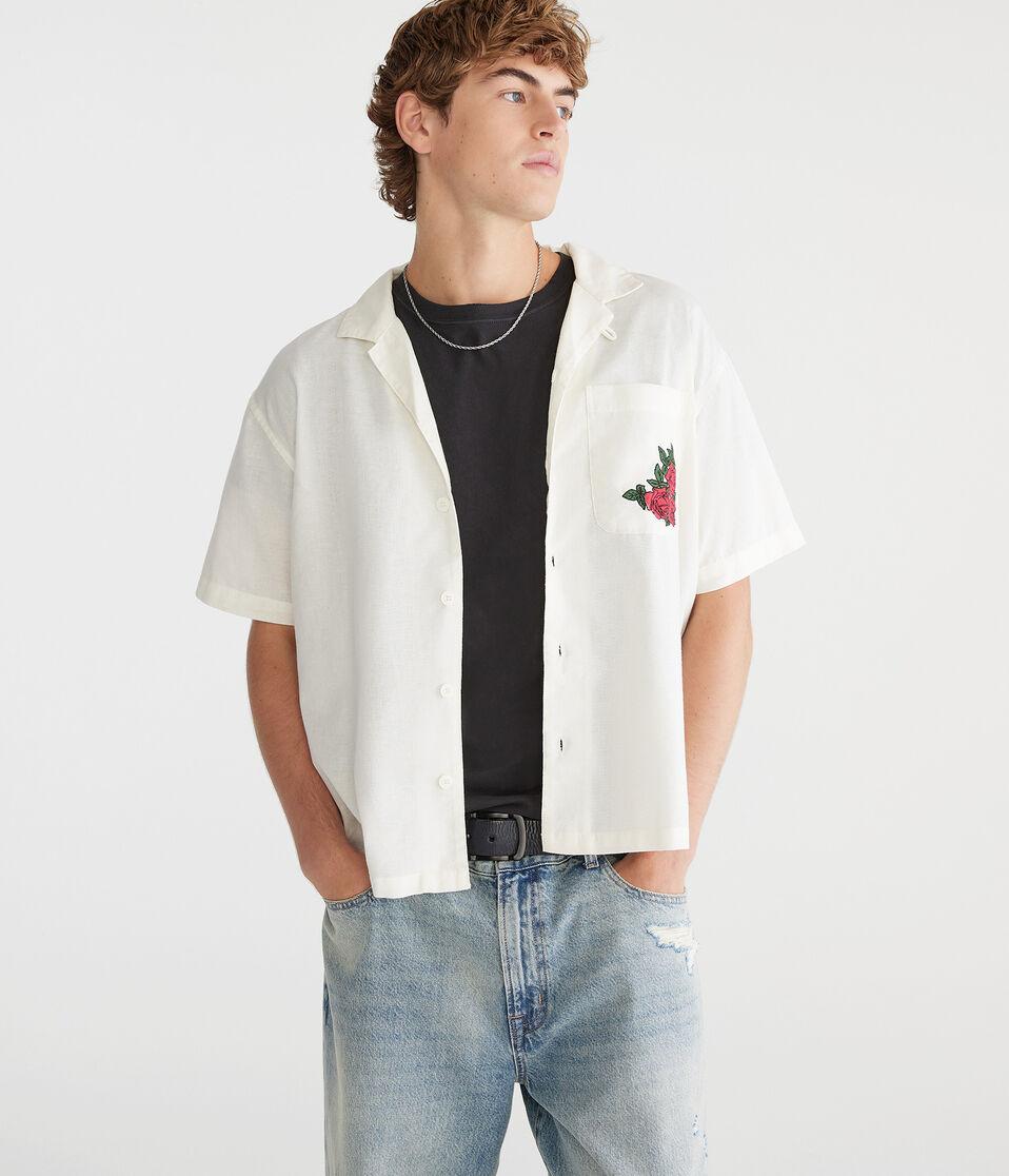 Aéropostale Short Sleeve Roses Auto Supply Boxy Linen Camp Shirt Cream