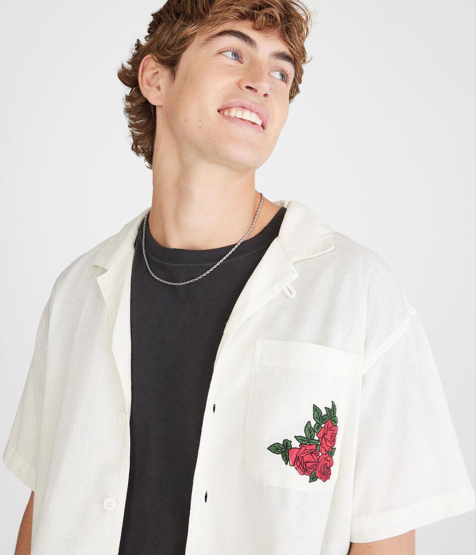 Aéropostale Short Sleeve Roses Auto Supply Boxy Linen Camp Shirt Cream