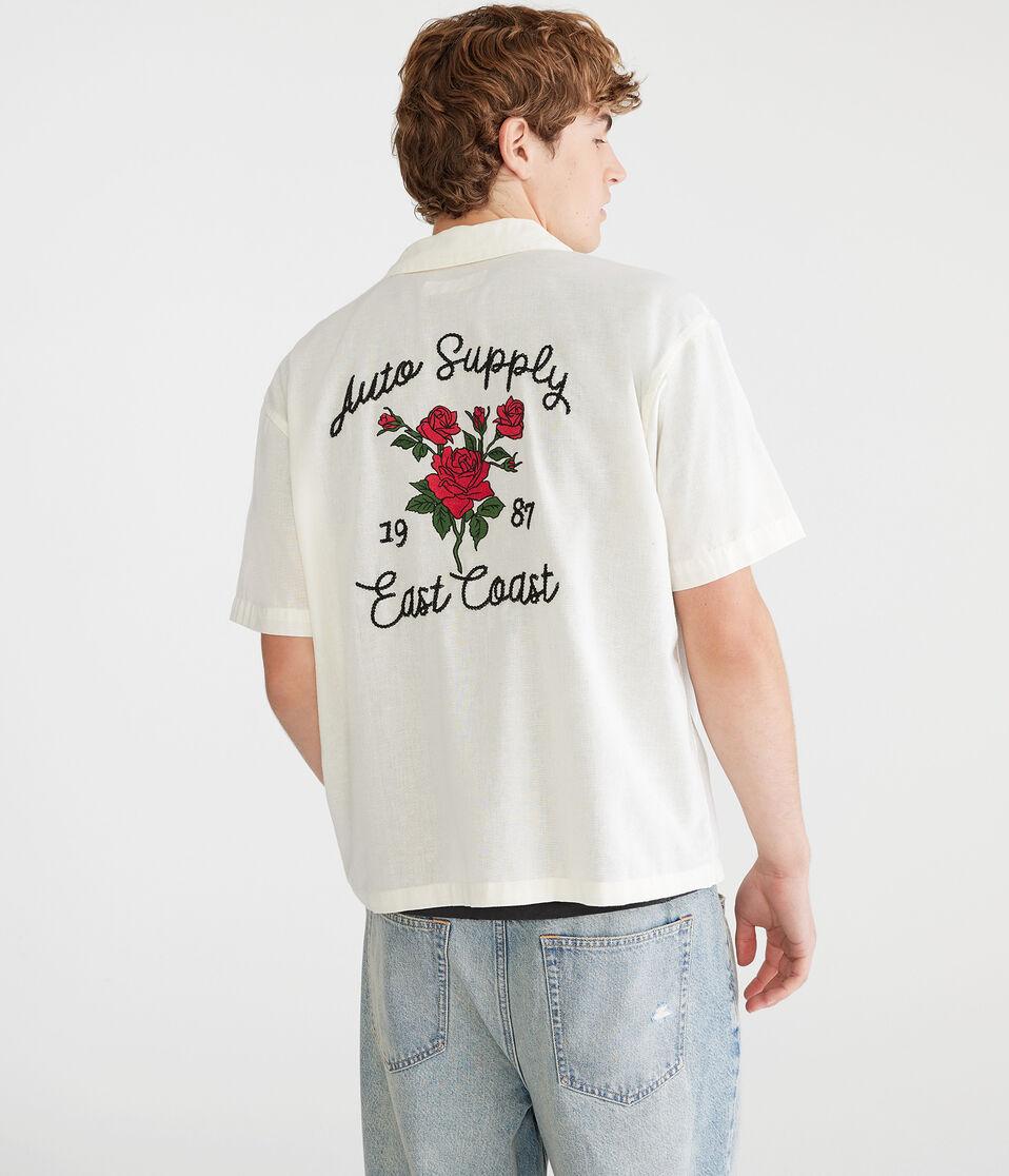 Aéropostale Short Sleeve Roses Auto Supply Boxy Linen Camp Shirt Cream