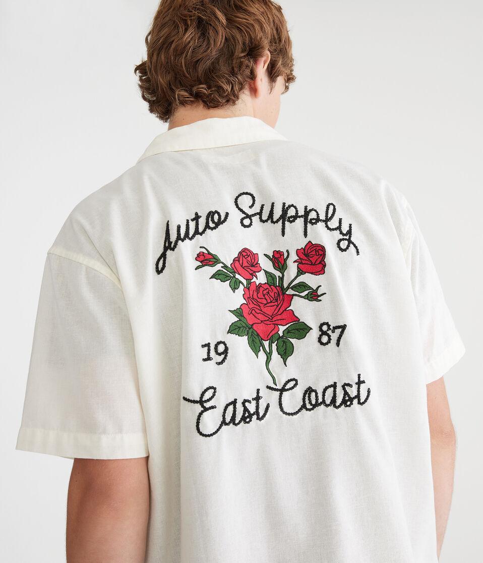aéropostale Short Sleeve Roses Auto Supply Boxy Linen Camp Shirt cream