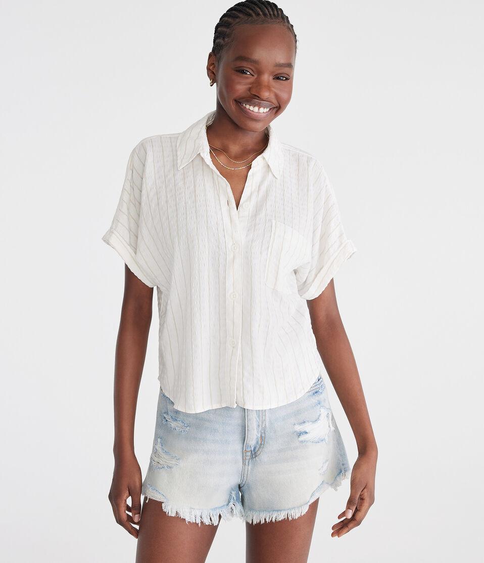 Aéropostale Short Sleeve Thin Stripe Camp Shirt Cream