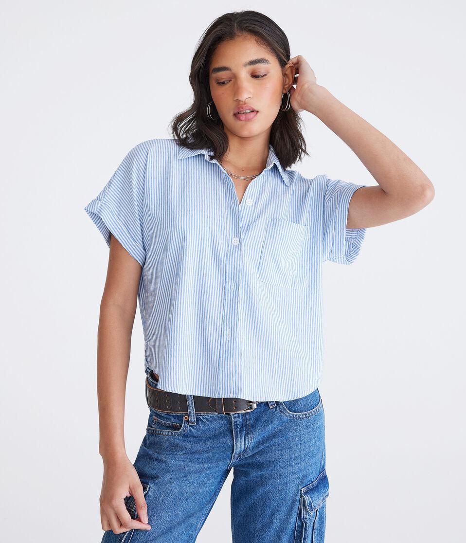 Aéropostale Short Sleeve Thin Stripe Camp Shirt Dreamy Blue