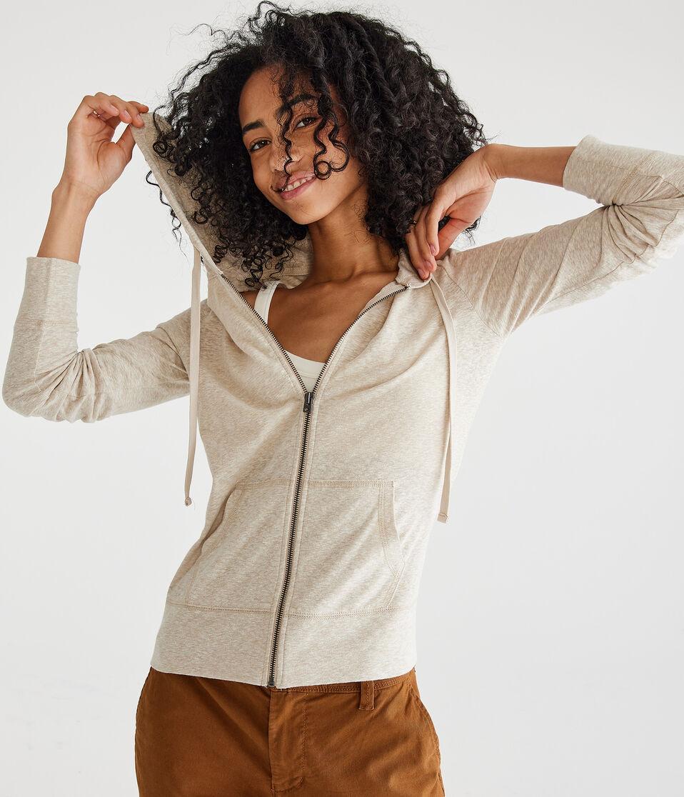 aéropostale Solid Lightweight Full-Zip Hoodie almond cake
