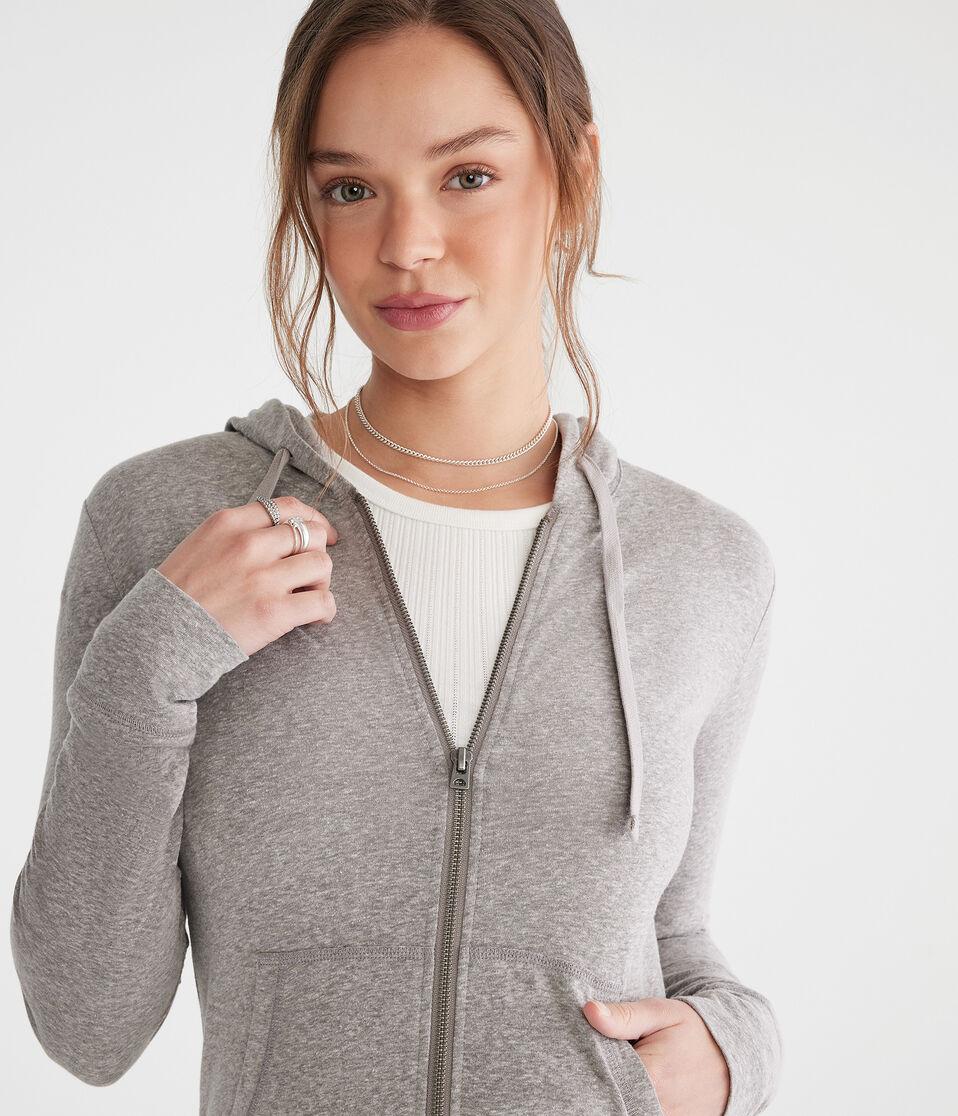 Aéropostale Solid Lightweight Full-Zip Hoodie Med Hthr Grey