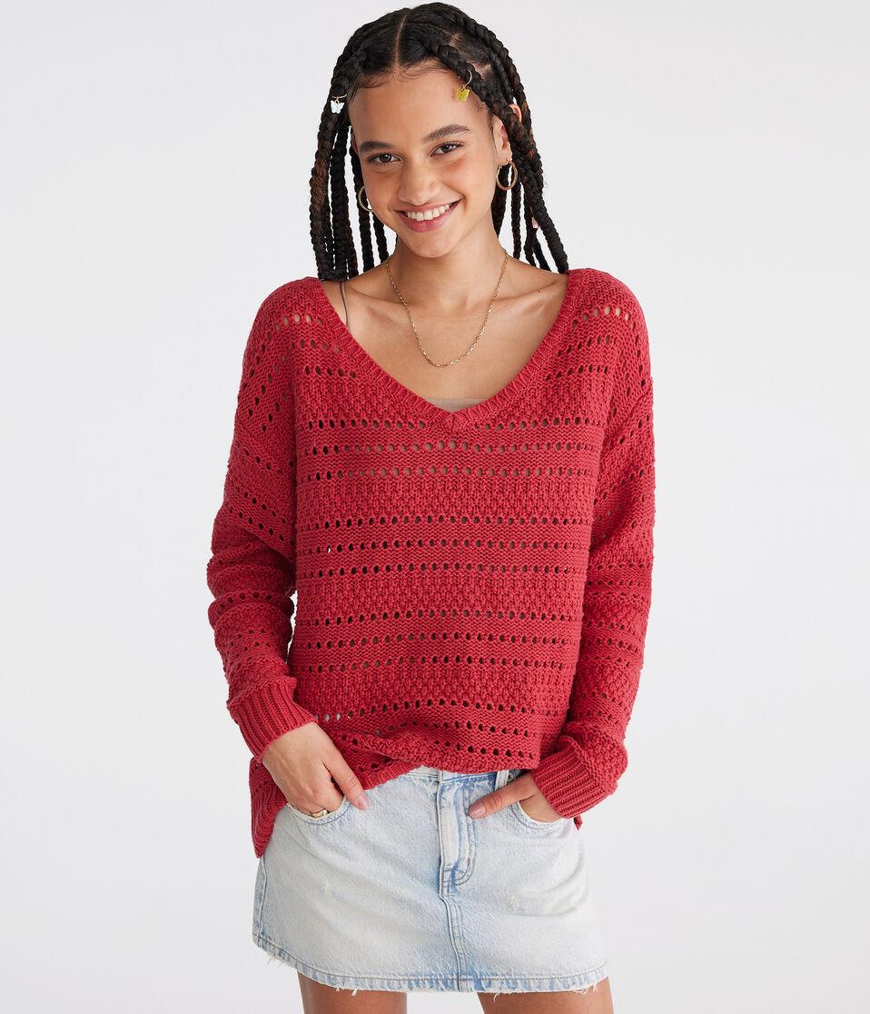 aéropostale Solid Open-Knit V-Neck Sweater mellow rose