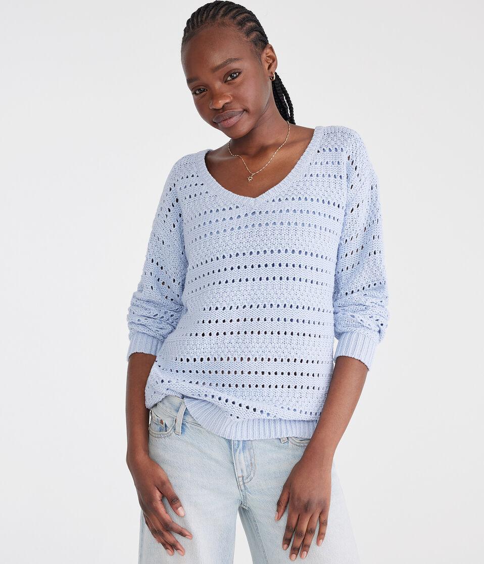 aéropostale Solid Open-Knit V-Neck Sweater spirit blue