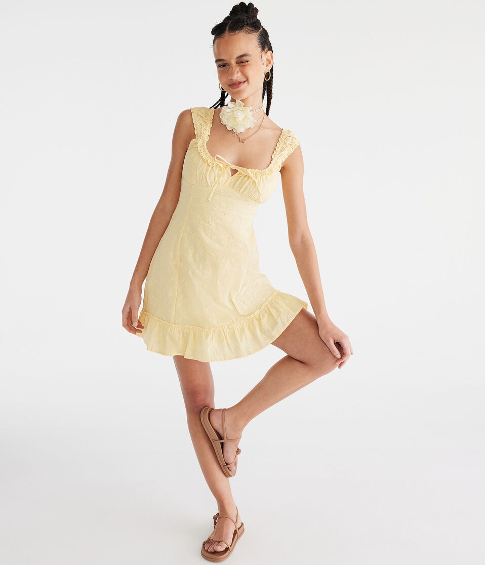 Aéropostale Solid Scoop-Neck Embroidered Floral Mini Dress Pale Banana