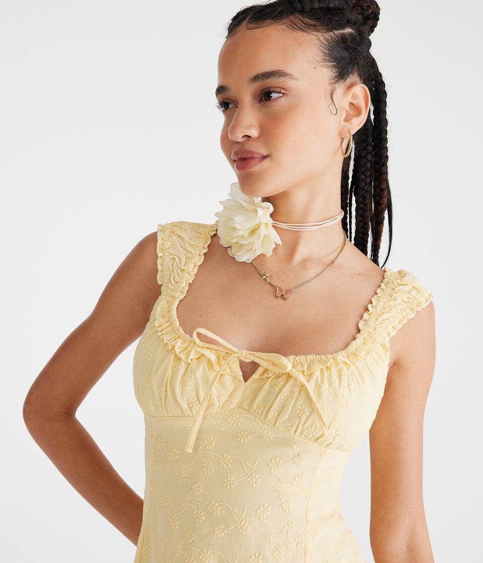 Aéropostale Solid Scoop-Neck Embroidered Floral Mini Dress Pale Banana