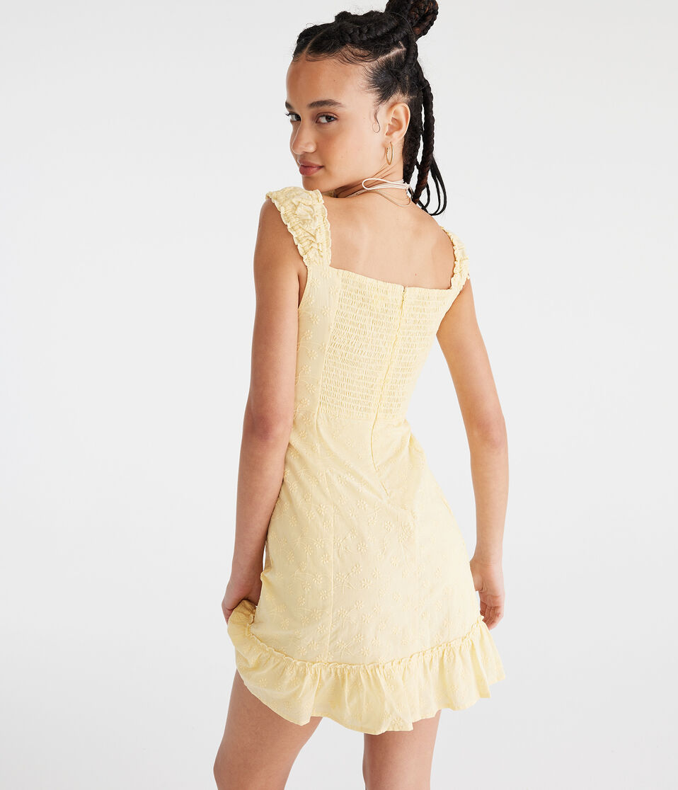 Aéropostale Solid Scoop-Neck Embroidered Floral Mini Dress Pale Banana