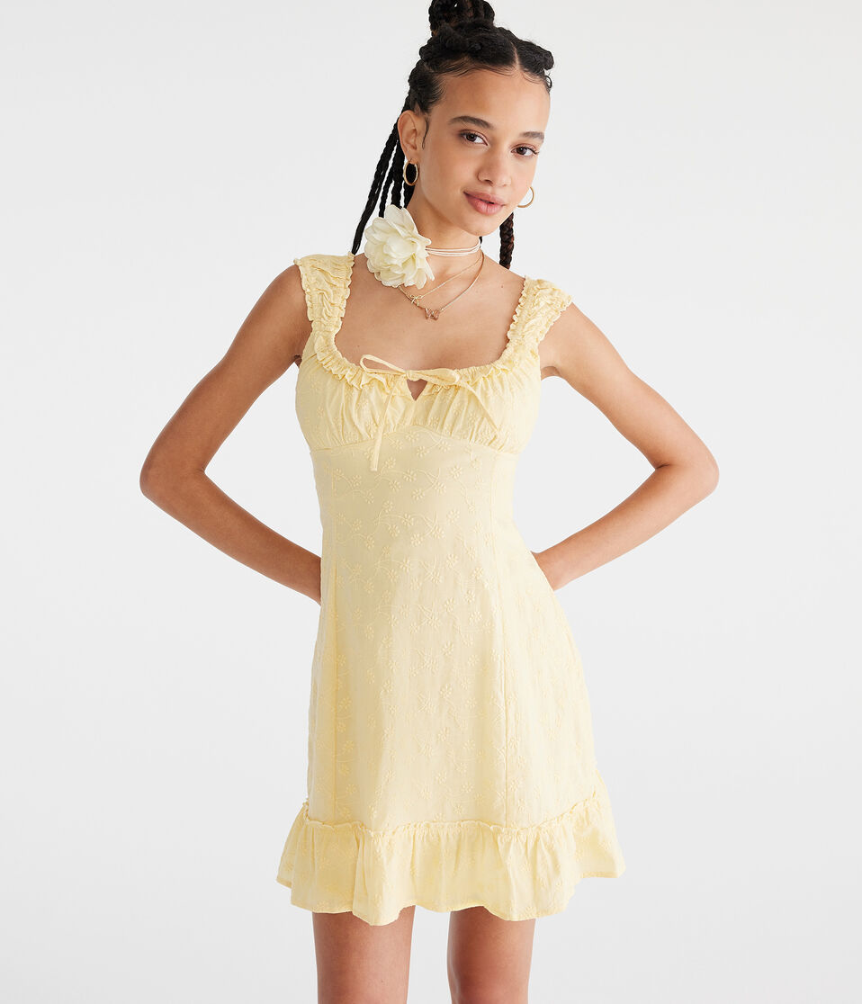 aéropostale Solid Scoop-Neck Embroidered Floral Mini Dress pale banana