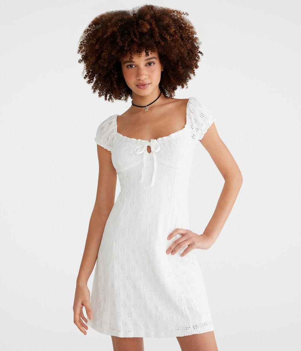 Aéropostale Solid Scoop-Neck Eyelet Empire Mini Dress Cream