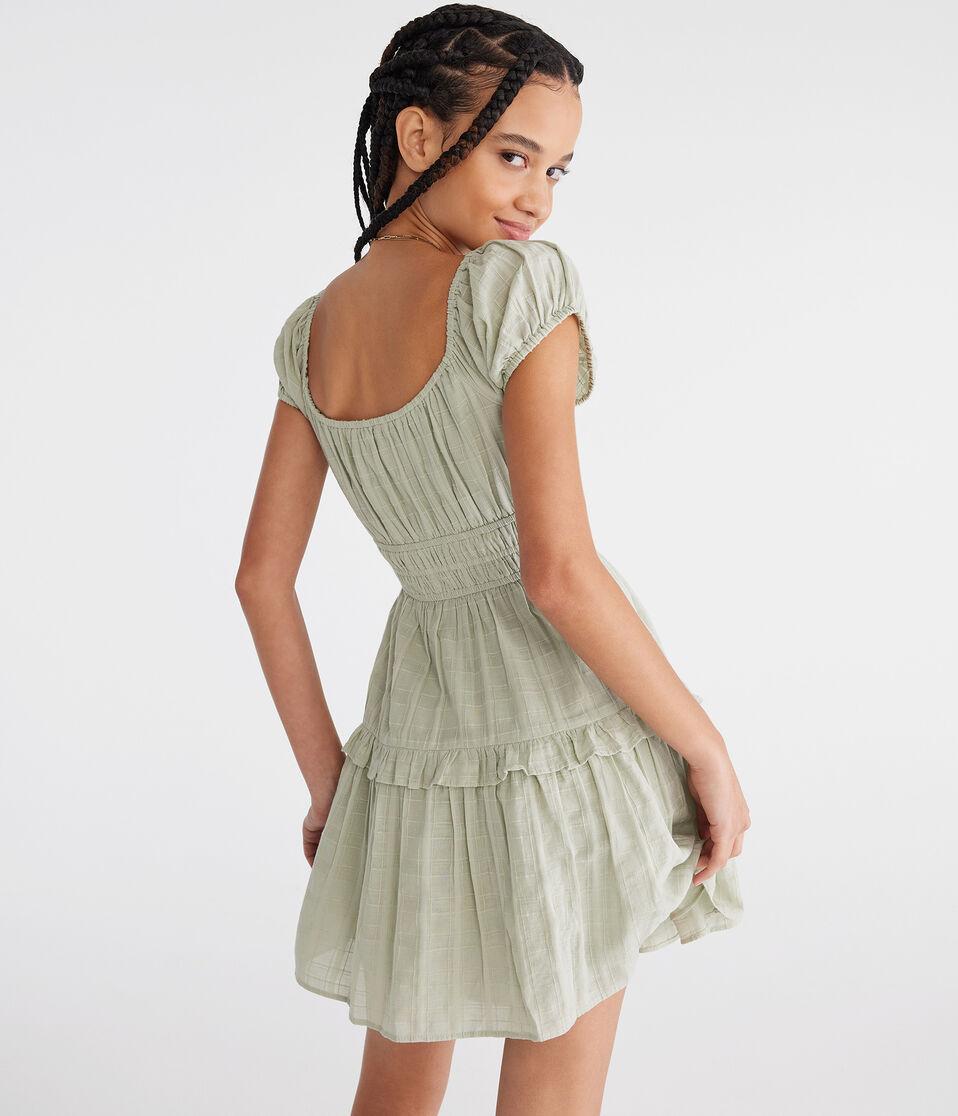 aéropostale Solid Scoop-Neck Ruffled Fit & Flare Dress organic olive