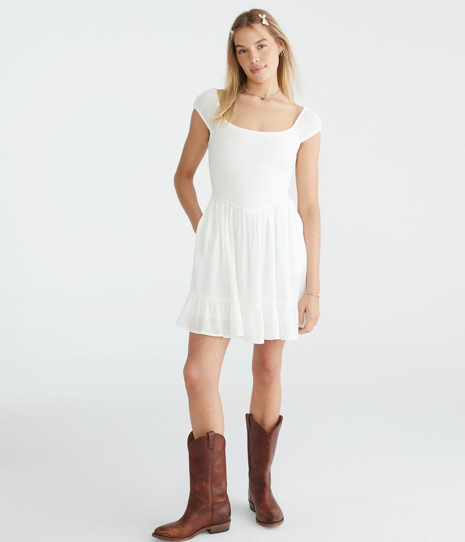 Aéropostale Solid Scoop-Neck Smocked V-Waist Mini Dress Cream