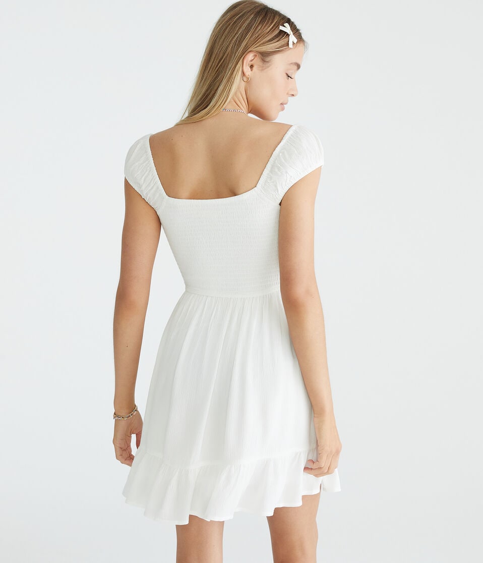 Aéropostale Solid Scoop-Neck Smocked V-Waist Mini Dress Cream