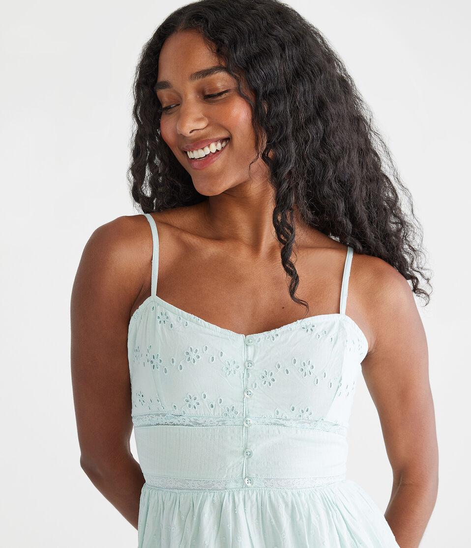 Aéropostale Solid Sweetheart Eyelet Midi Dress Blue Haze