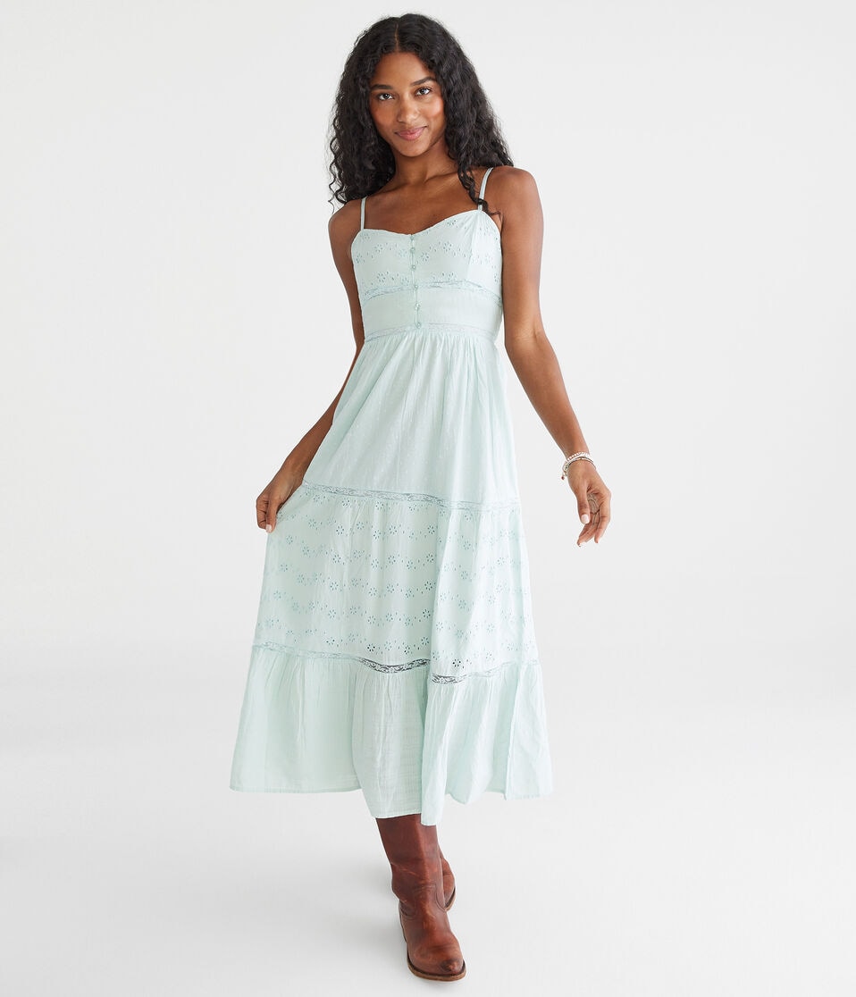 aéropostale Solid Sweetheart Eyelet Midi Dress blue haze