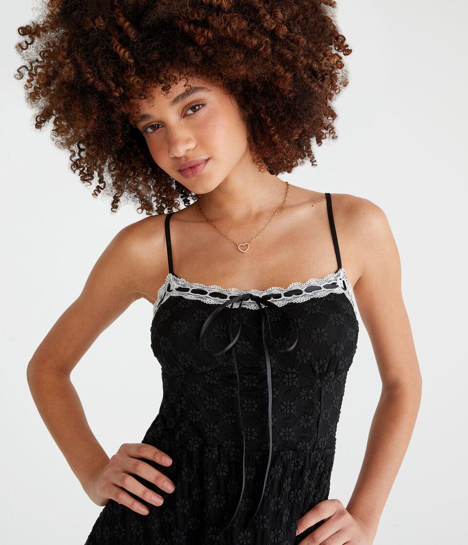 Aéropostale Solid Sweetheart Floral Lace Babydoll Dress Black Fox