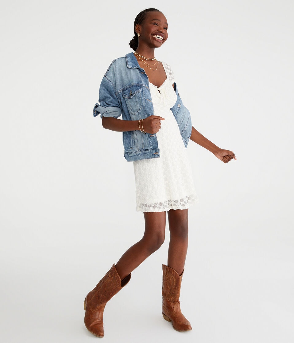 Aéropostale Solid Sweetheart Floral Lace Fit & Flare Dress Cream