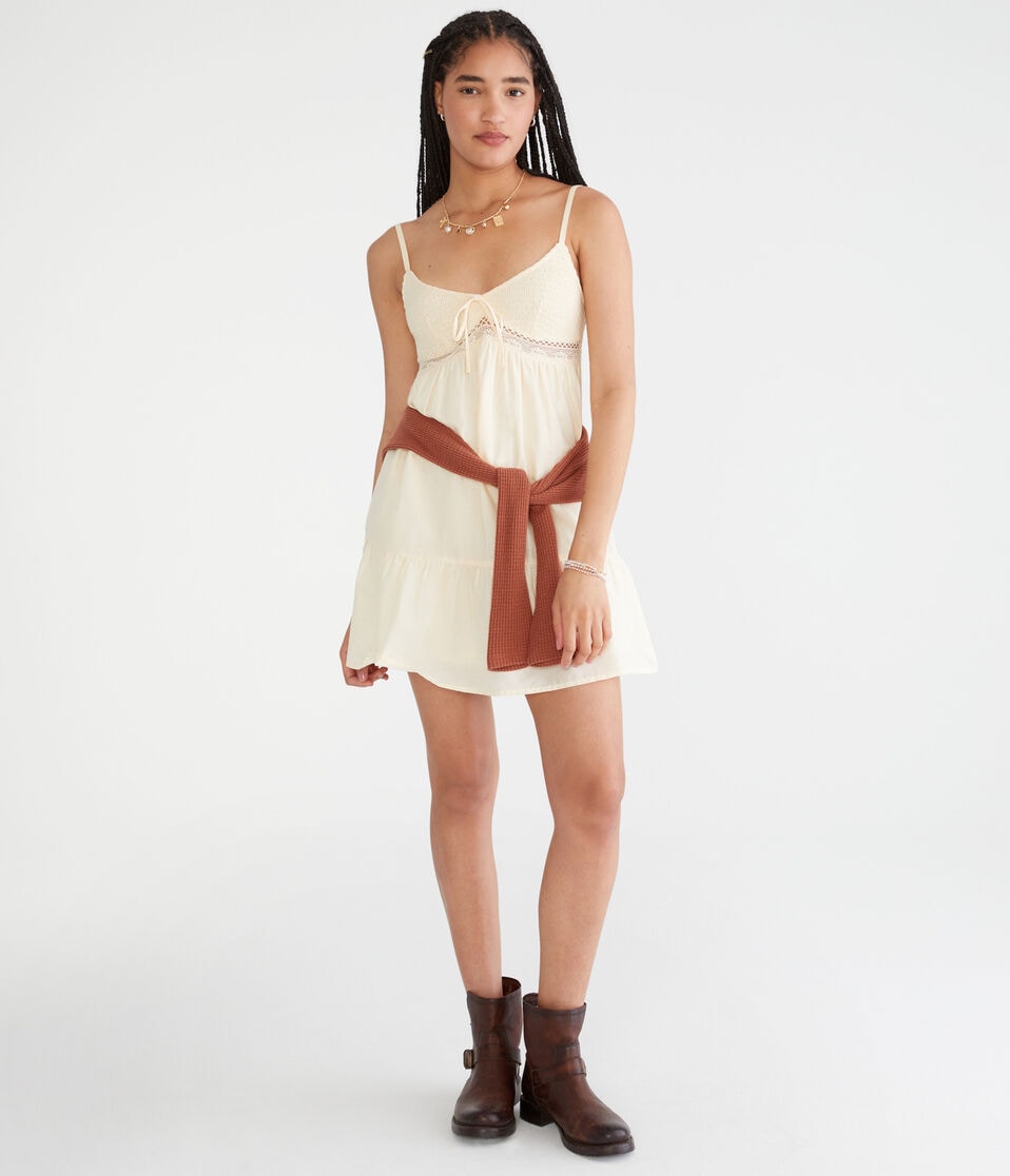 Aéropostale Solid V-Neck Lace-Trim Babydoll Dress Soft Cream