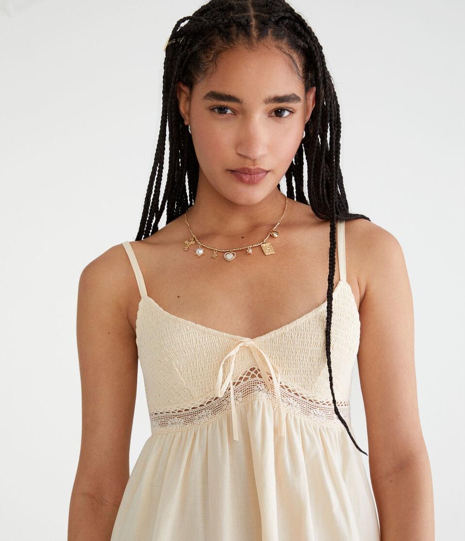 Aéropostale Solid V-Neck Lace-Trim Babydoll Dress Soft Cream