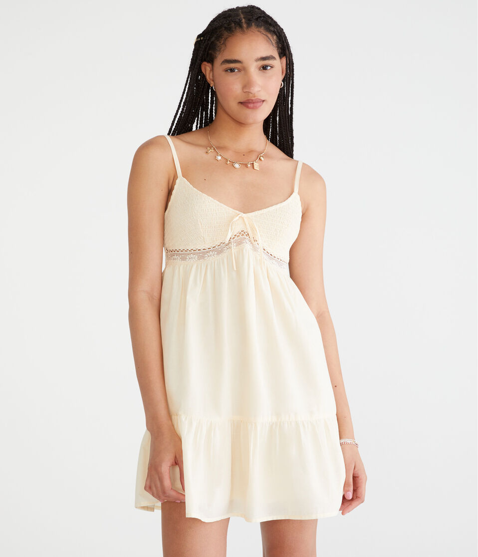 aéropostale Solid V-Neck Lace-Trim Babydoll Dress soft cream