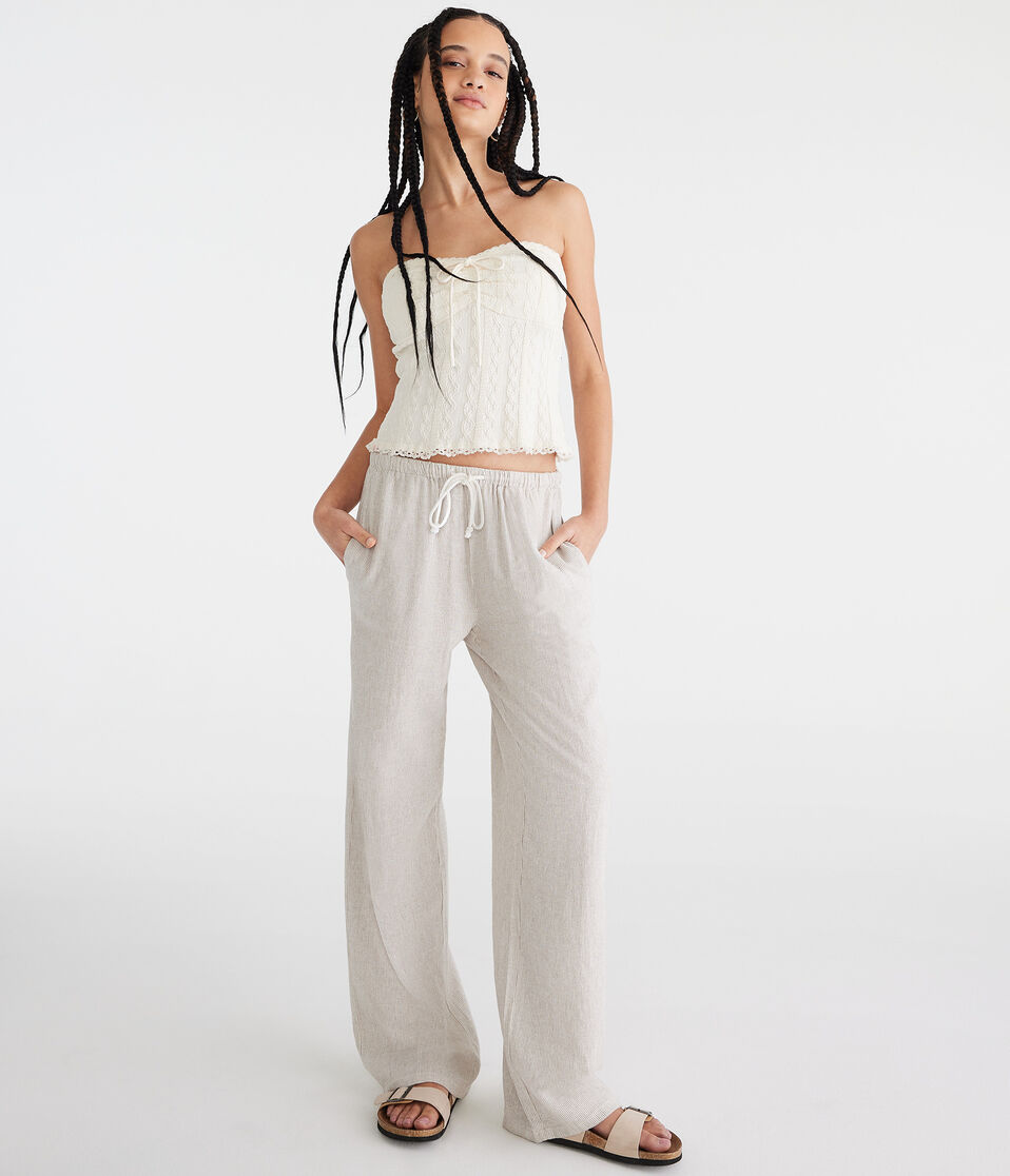Aéropostale Striped Linen Drawstring Pants Frosted Almond