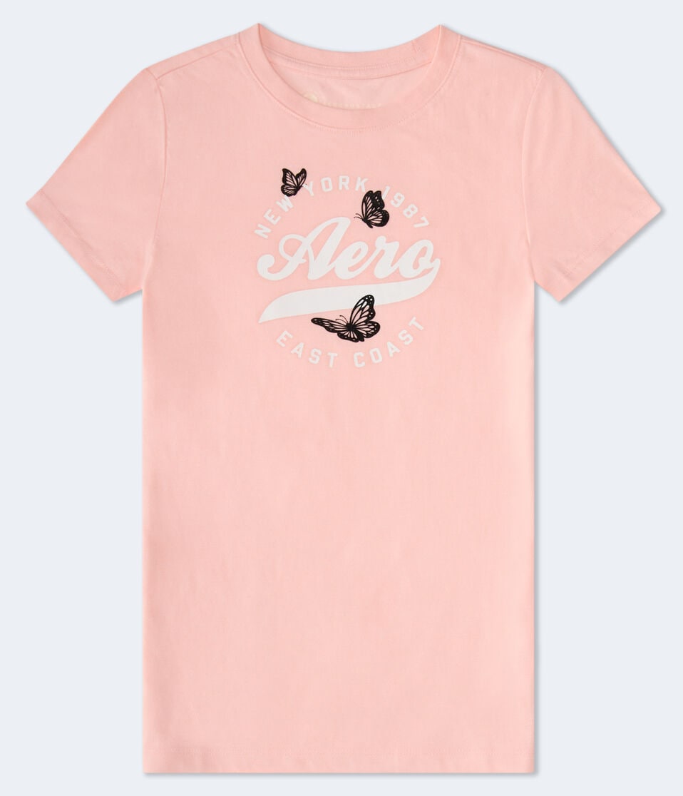 Aéropostale Aero Circle Butterflies Flocked Graphic Tee Pink Tulip