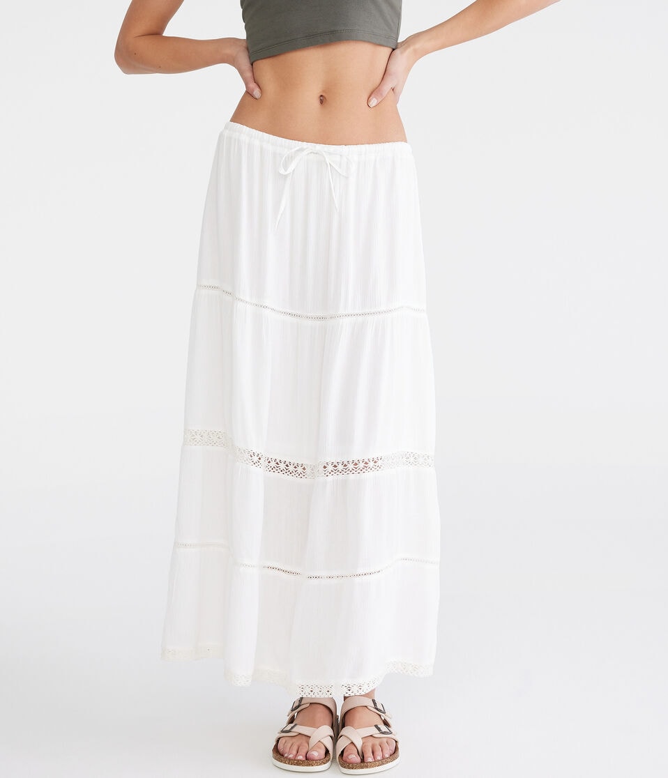 Aéropostale Crinkle Lace-Trim Maxi Skirt Cream
