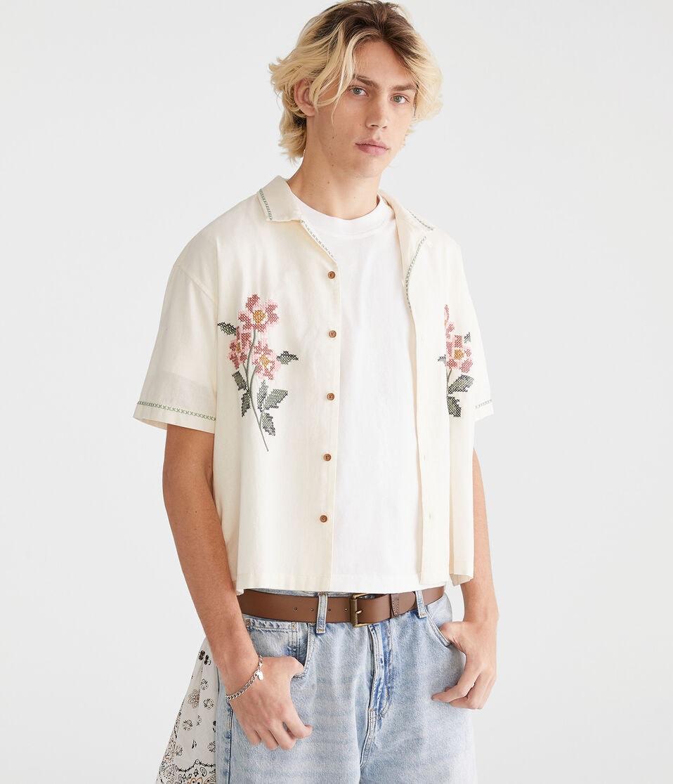 Aéropostale Floral Boxy Linen Camp Shirt Gardenia