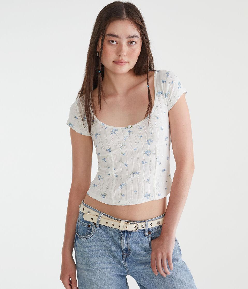 Aéropostale Floral Pointelle Scoop-Neck Top Cream