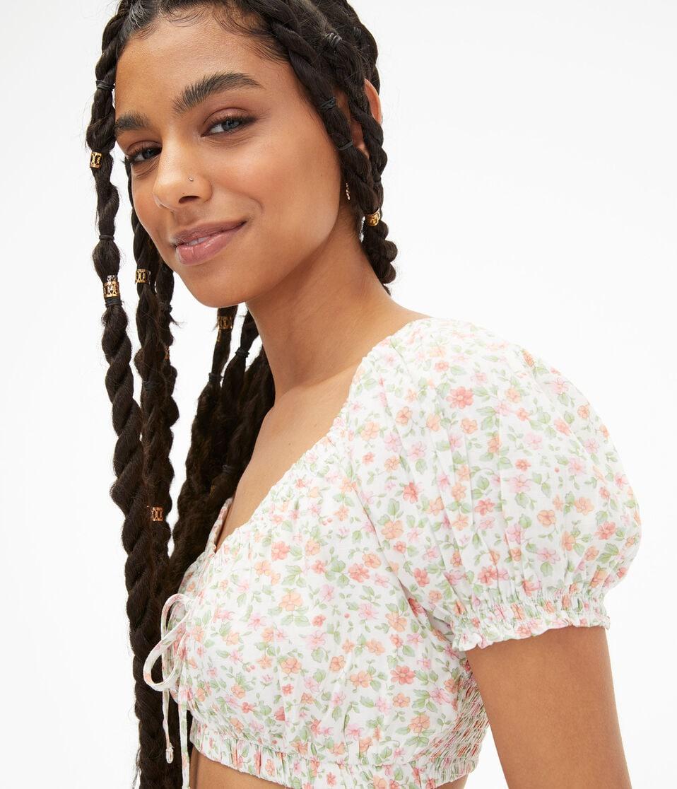 Aéropostale Floral Puff Sleeve Crop Top Cream