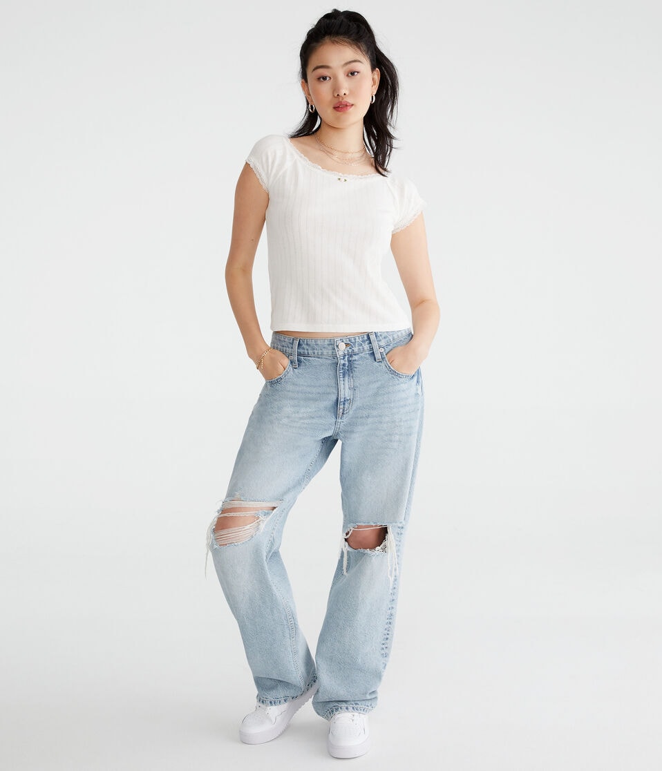 Aéropostale Lace Trim Boat-Neck Shrunken Tee Cream