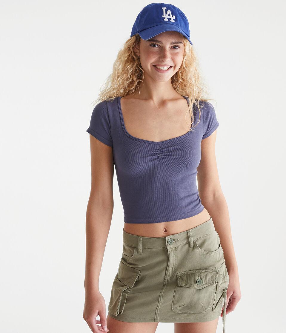 Aéropostale Buttery Soft Cropped Cinch-Front Tee Nightshadow Blue