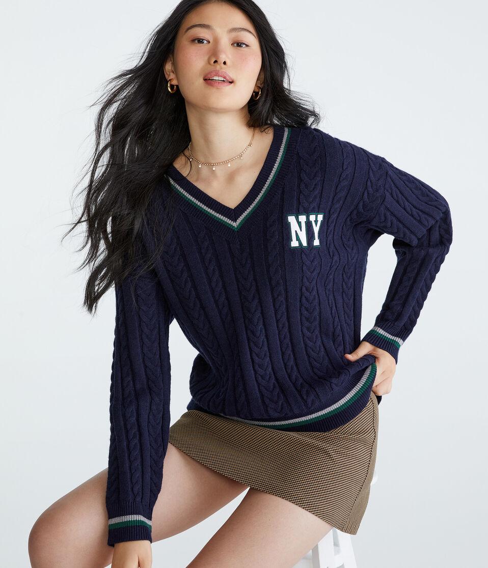 Aéropostale City Oversized Cable V-Neck Sweater Navy