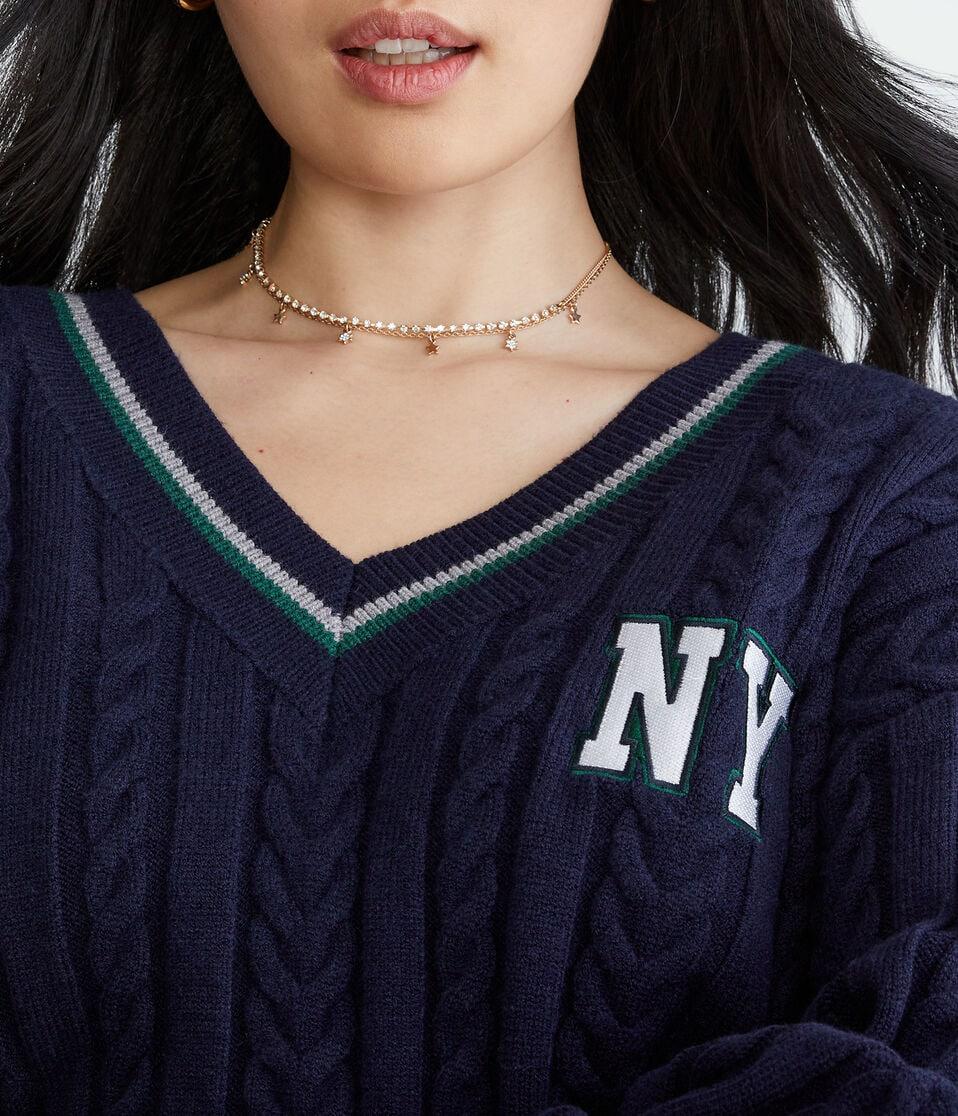 Aéropostale City Oversized Cable V-Neck Sweater Navy