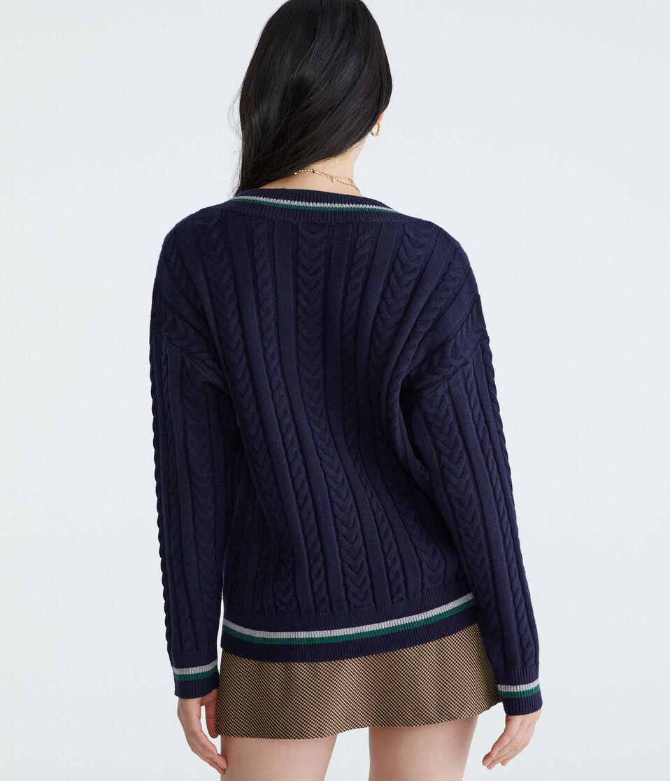 Aéropostale City Oversized Cable V-Neck Sweater Navy