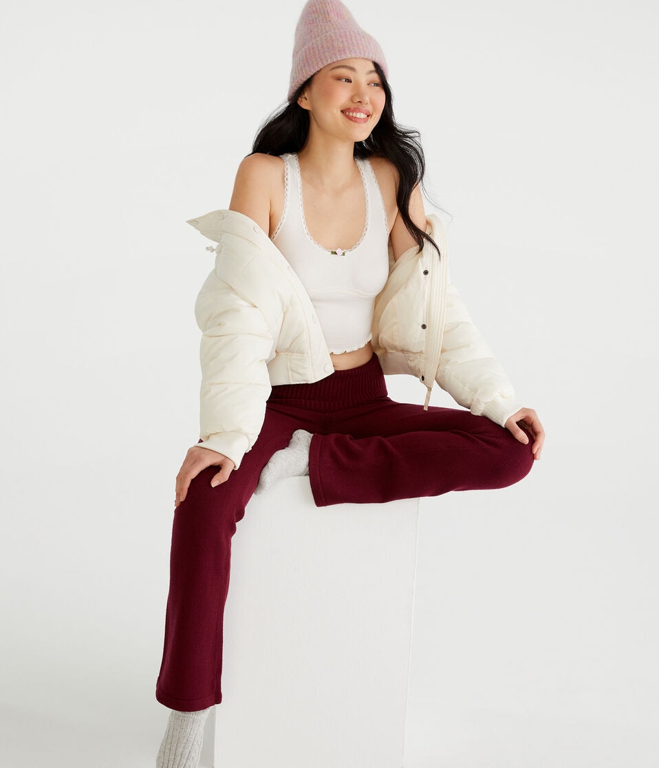 Aéropostale Flare Mid-Rise Fold-Over Sweater Pants Burgundy
