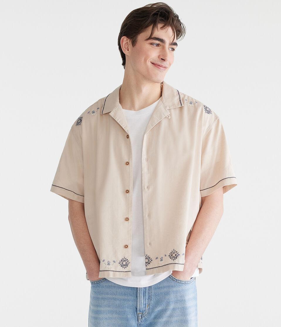 Aéropostale Floral Border Boxy Linen Camp Shirt Bungalow