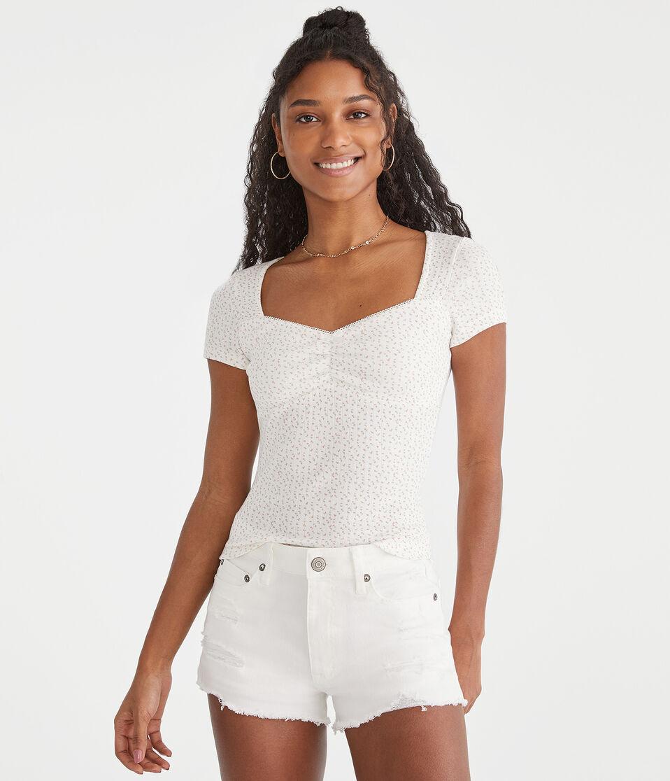 aéropostale Floral Pointelle Cinch V-Neck Top cream