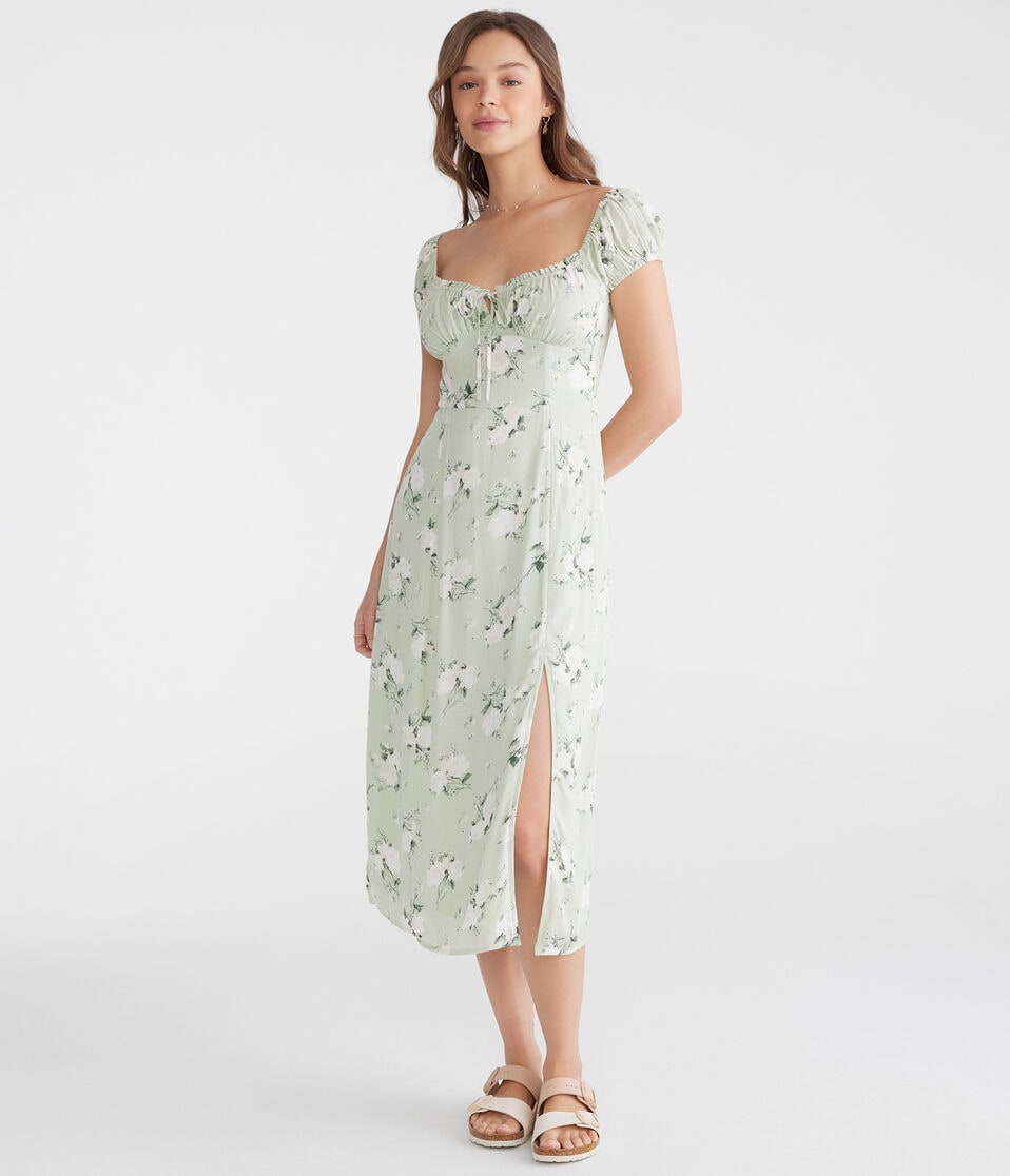 Aéropostale Floral Scoop-Neck Tie-Front Midi Dress Silver Leaf