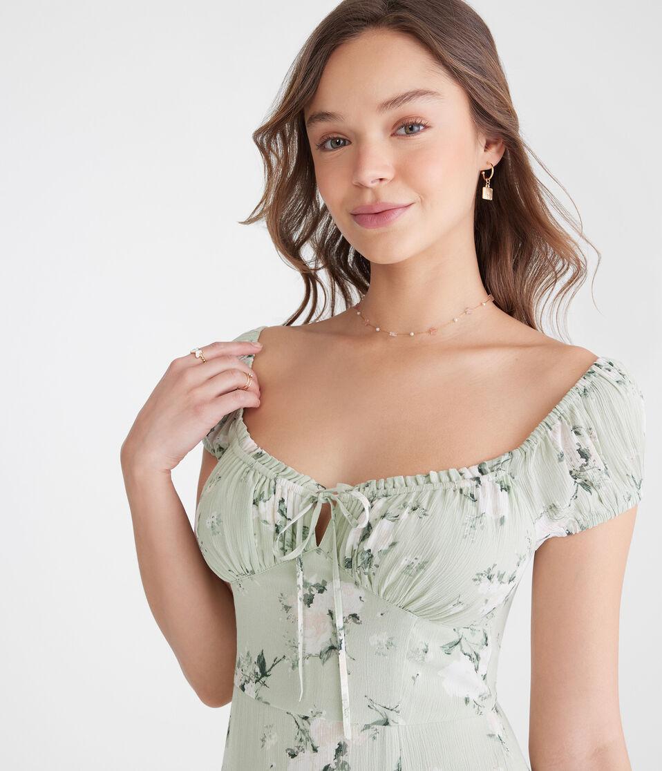 Aéropostale Floral Scoop-Neck Tie-Front Midi Dress Silver Leaf
