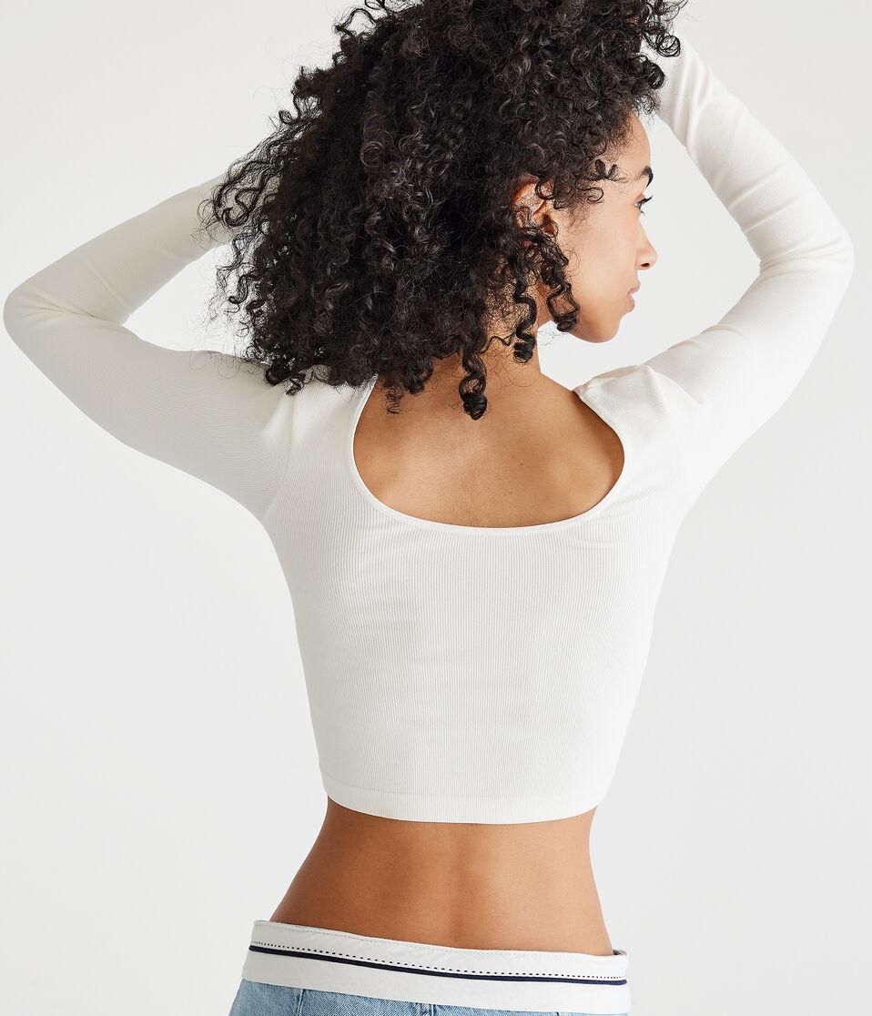 Aéropostale Long Sleeve Seamless Wear 3 Ways Crop Top Cream