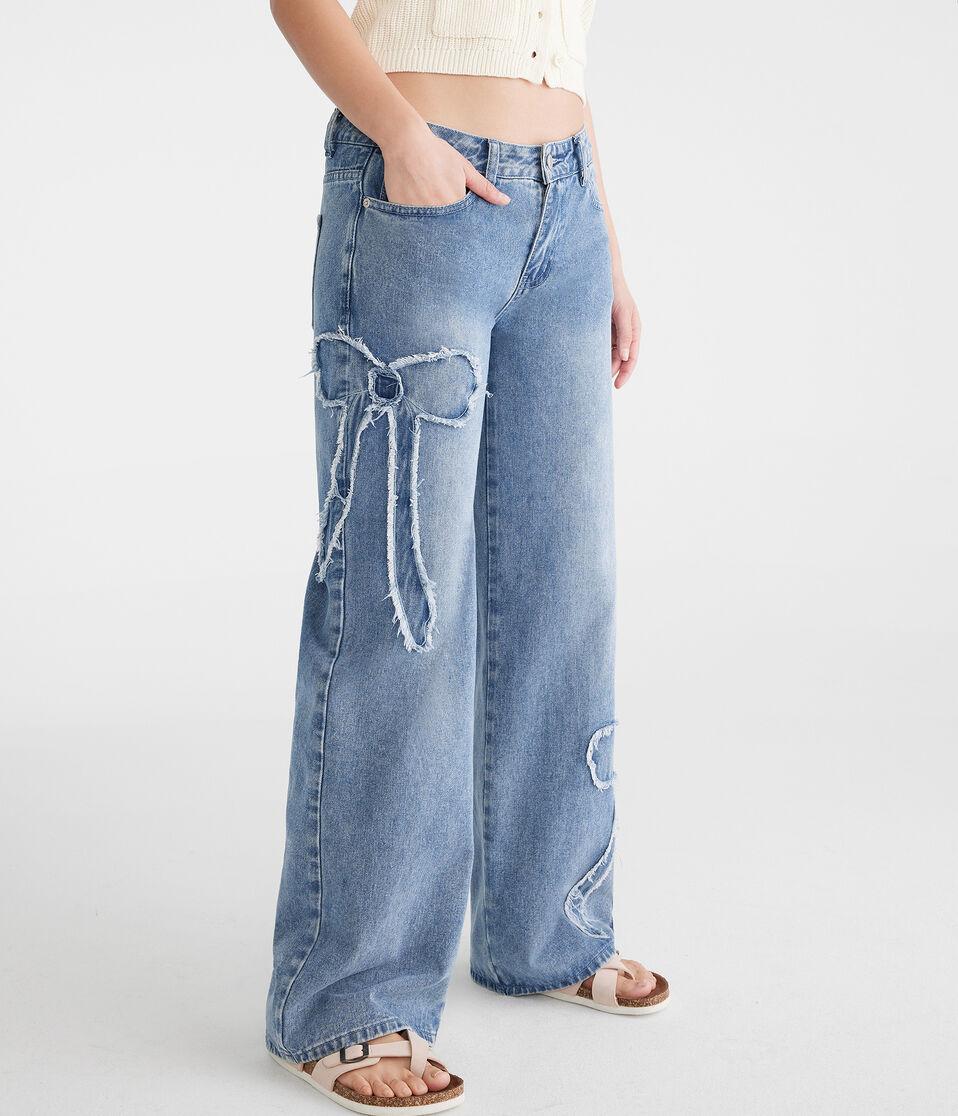 Aéropostale Low-Rise Baggy Wide Leg Frayed Bows Jean Light Wash