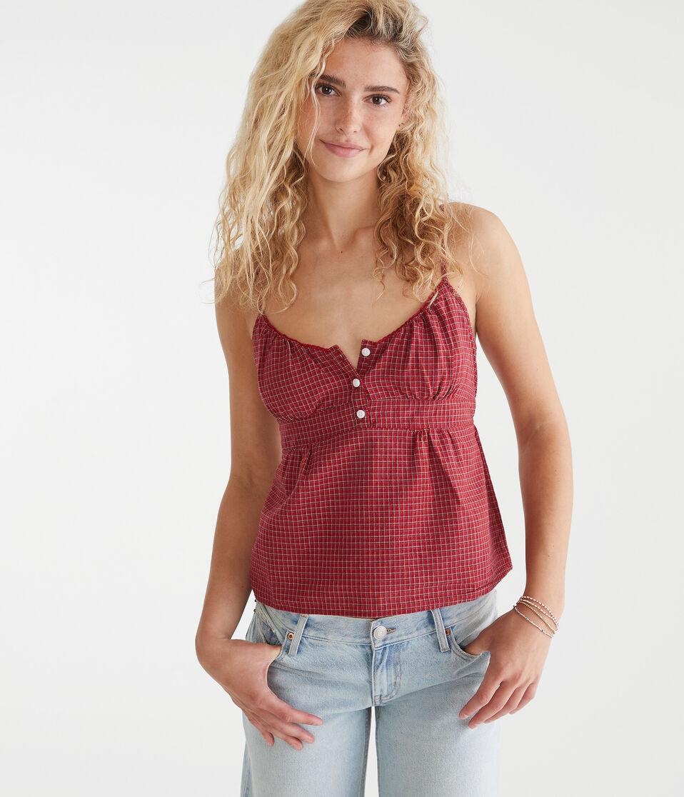 Aéropostale Plaid Scoop-Neck Babydoll Cami Roselle Red