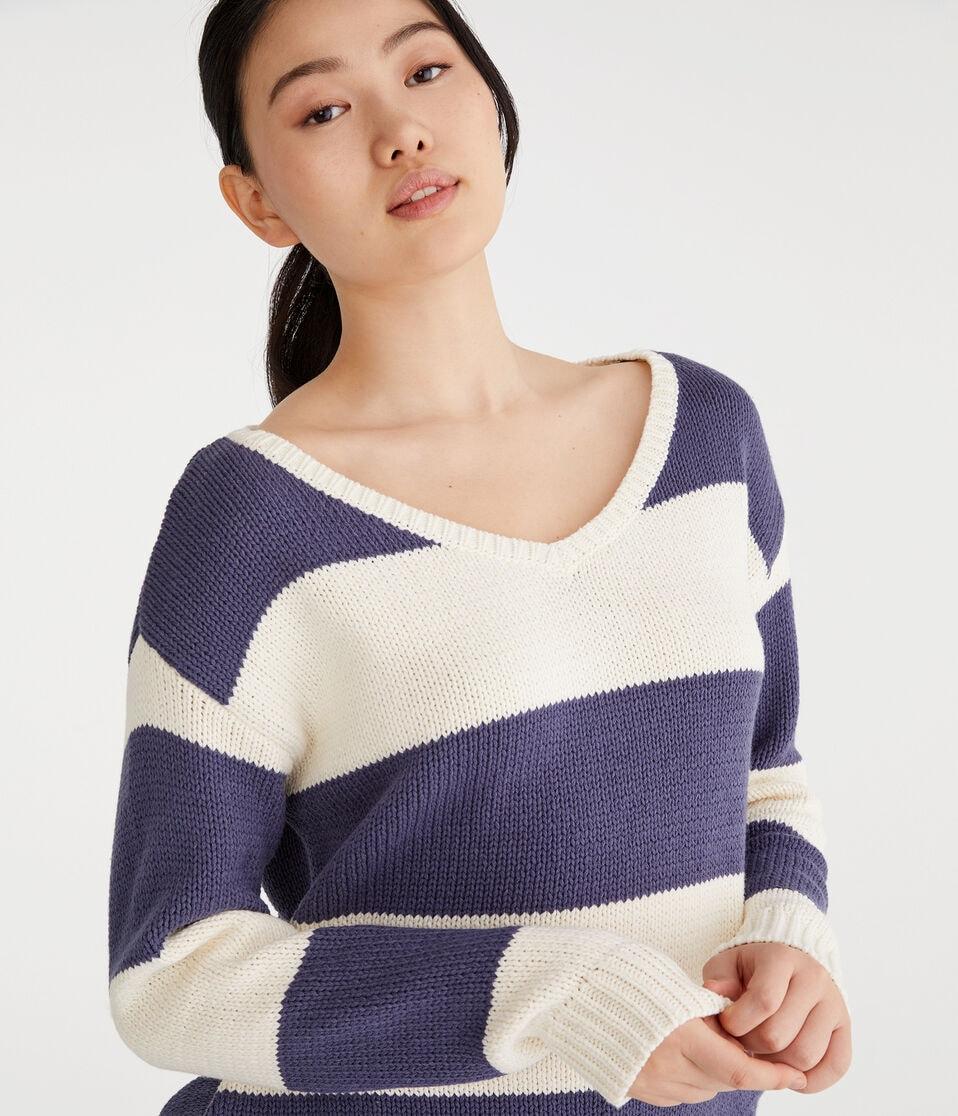aéropostale Rugby Stripe V-Neck Sweater nightshadow blue