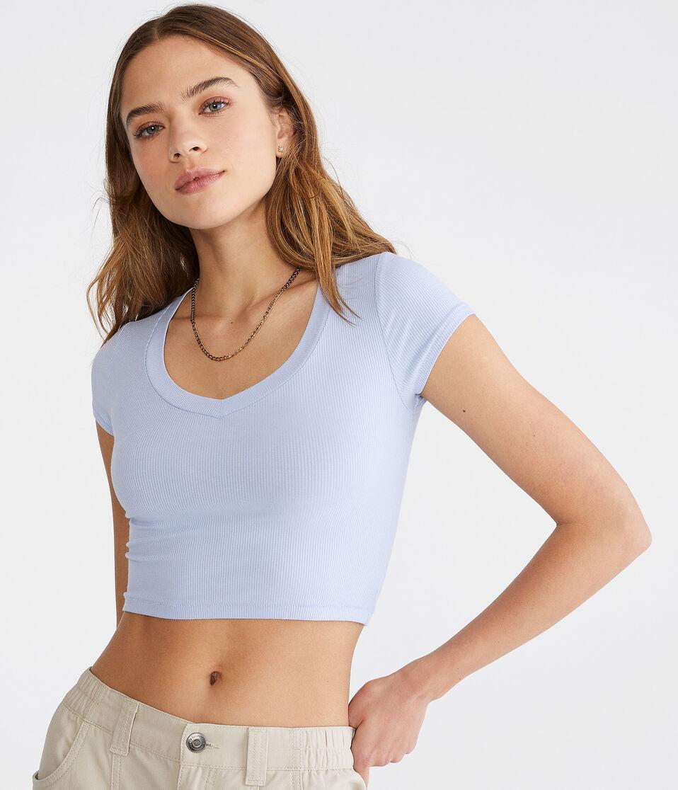 aéropostale Seriously Soft Ribbed V-Neck Baby Tee blue tint