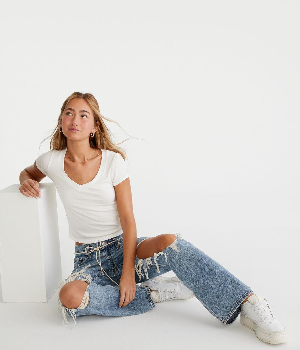 Aéropostale Seriously Soft Ribbed V-Neck Baby Tee Cream