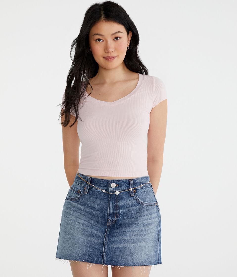 aéropostale Seriously Soft Ribbed V-Neck Baby Tee peach whip